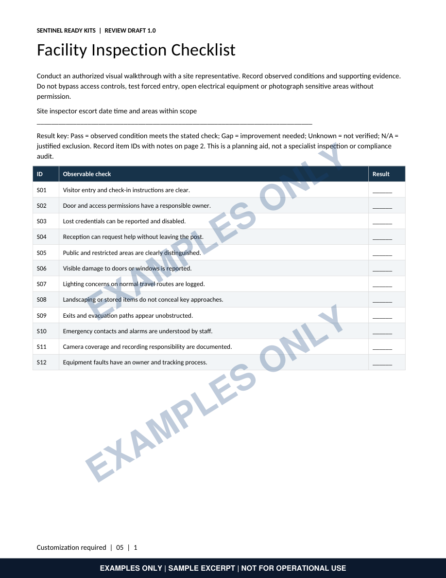 Watermarked sample of the Facility Inspection Checklist