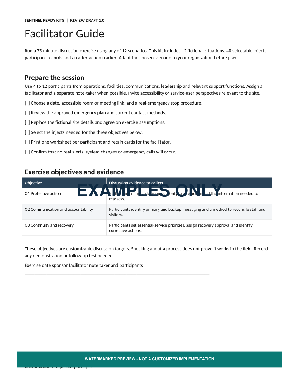 Watermarked sample of the Tabletop Exercise Facilitator Guide